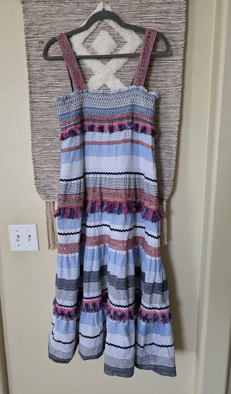 Zara Woman Linen Blend Striped Tassel Midi Dress Blue Boho Sleeveless Size M